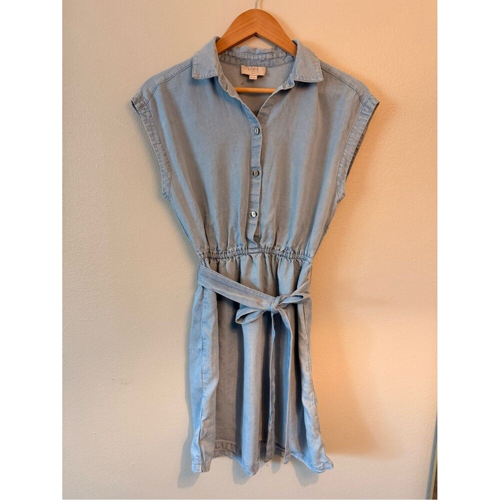 Loft Light Blue Chambray Shirt Dress with Tie elastic Waist